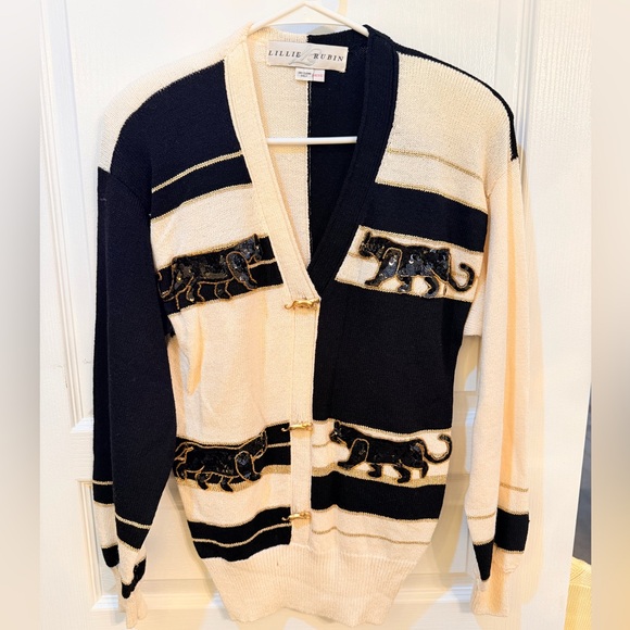 Vintage Lillie Rubin Black and Cream Sweater with Sequined Panthers 🐆 Buttons